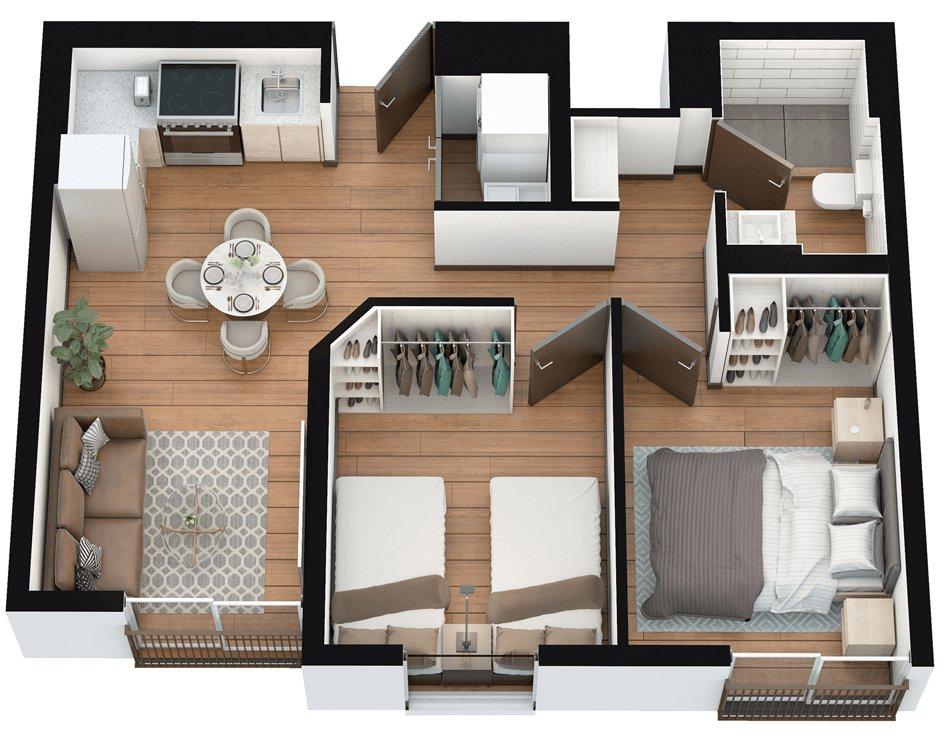 Plano de distribución del apartamento — 2 habitaciones, 1 baño, cocina y sala